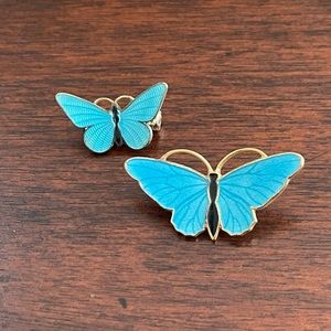 Pair of blue enamel gold tone butterfly pin brooches
